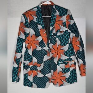 Afrocentric Womens Single Button Closure Blazer Orange and Teal Size L